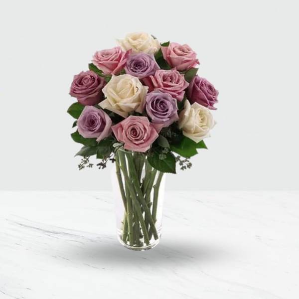 12 Pink and Purple Roses Vase