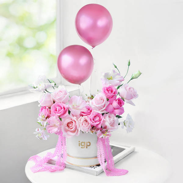 Blushing Pink Roses And Balloons