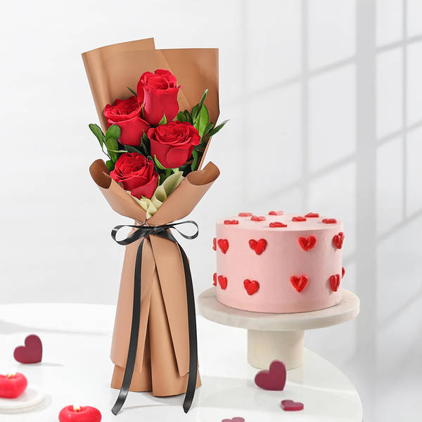 Classic Red Roses and Valentine Cake Combo