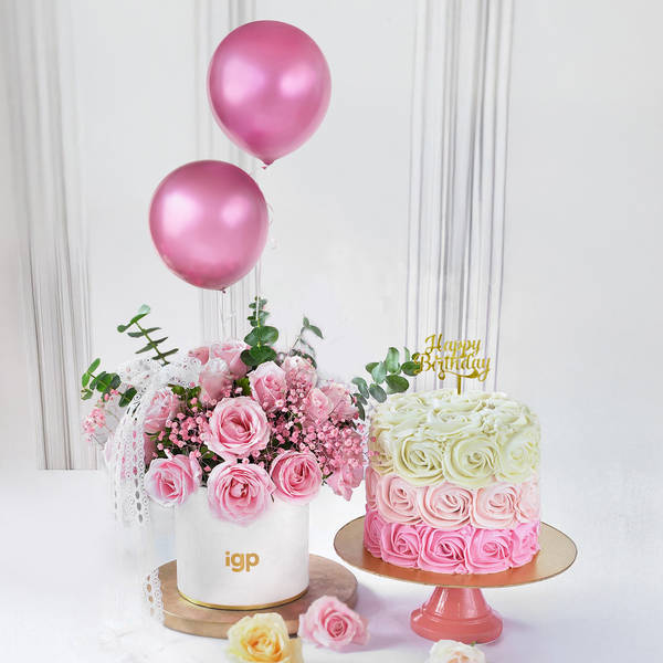 Dreamy Blushing Balloons Roses And Pink Ombre Roses Cream Cake Combo