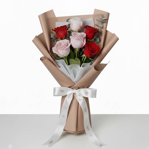 Elegant Red & Pink Rose Hand-tied Bouquet