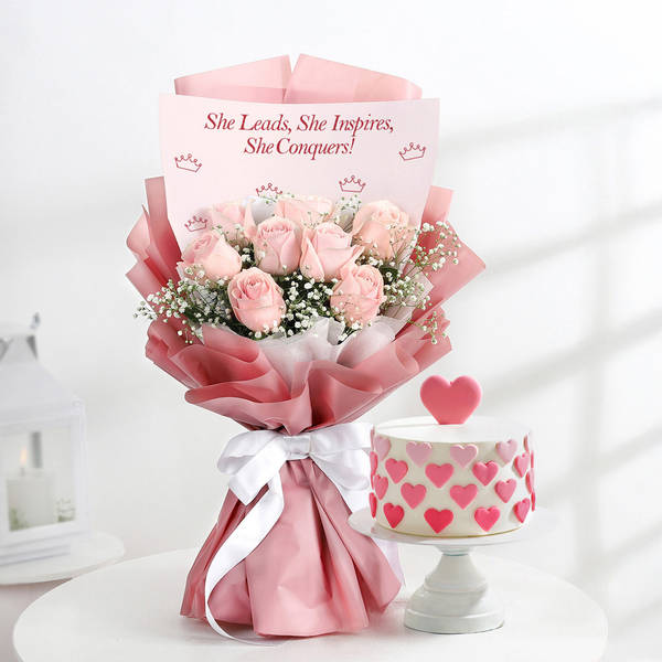 Pink Roses And Cake Emirati Women's Day Gift Combo