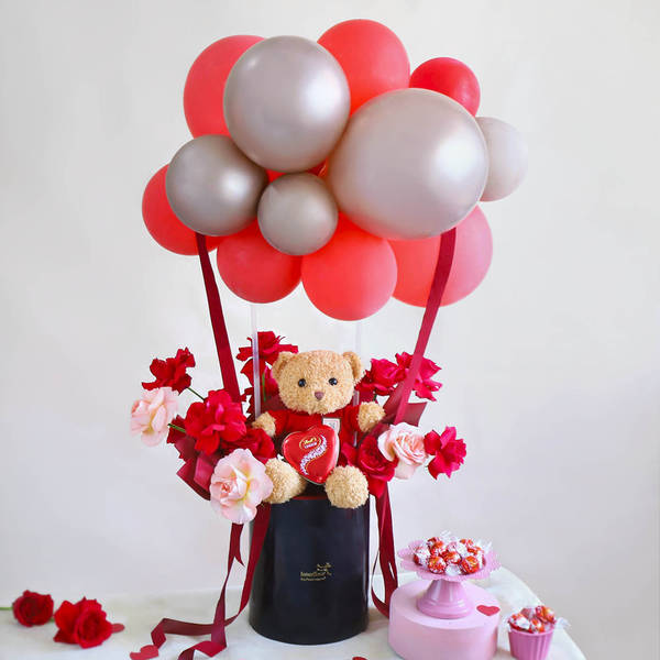 Valentine's Day Roses, Teddy, And Balloons Arrangement